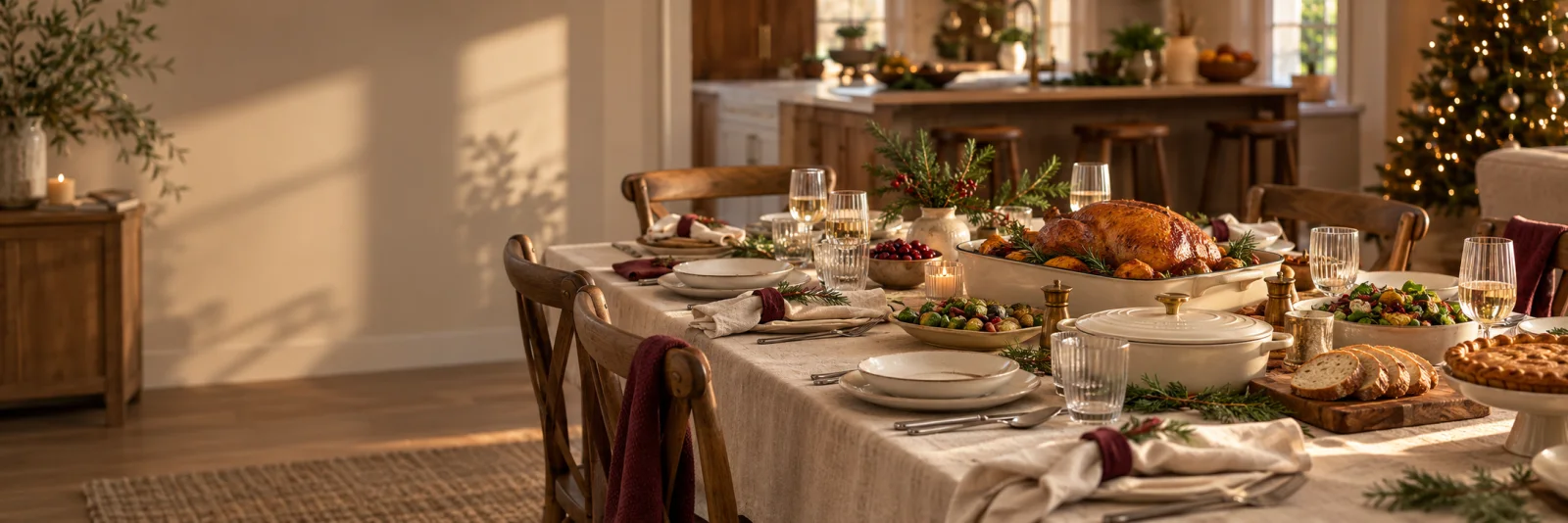 A warmly set holiday table with linens, serving dishes and extra seating.
